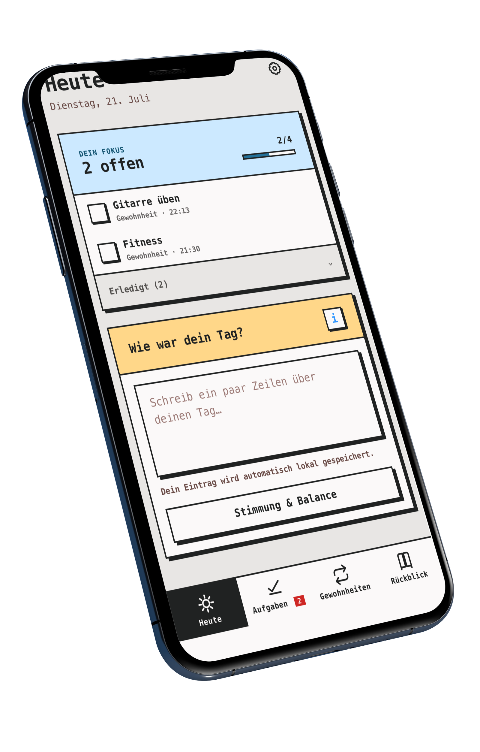 Wholeward auf einem iPhone mit Tagesfokus, Aufgaben und Tagesrückblick