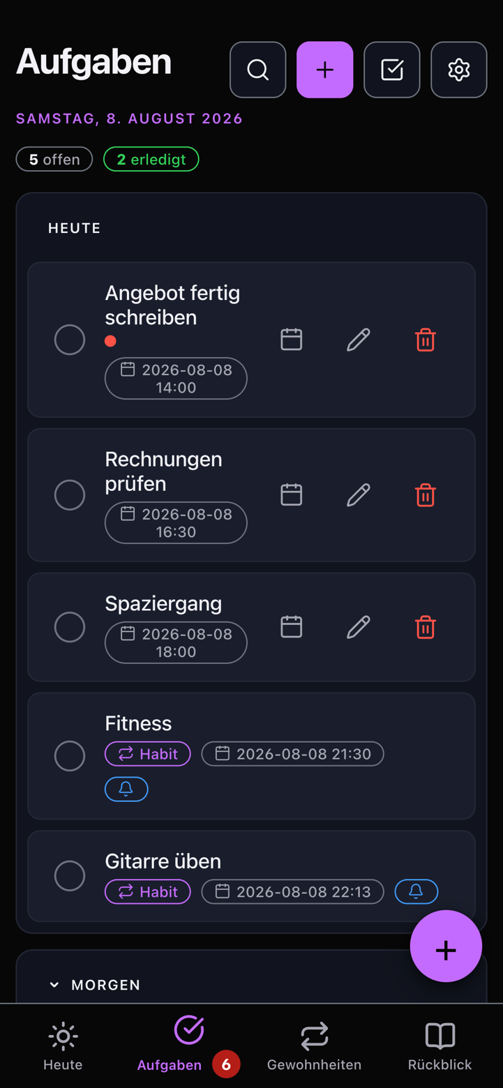 Der Aufgabenbildschirm von Wholeward: fünf offene und zwei erledigte Aufgaben für heute, zwei davon als Gewohnheit markiert